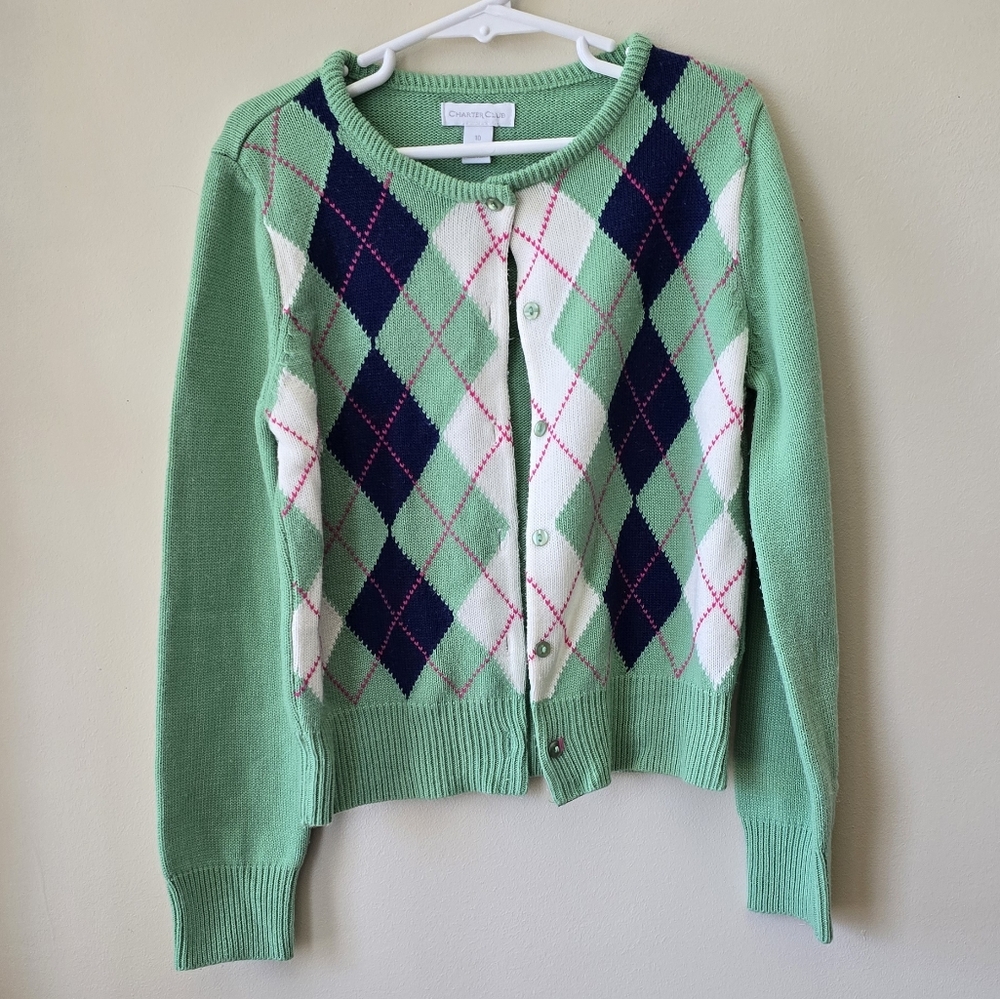 Charter Club Girls Argyle Long Sleeve Cardigan Size 10